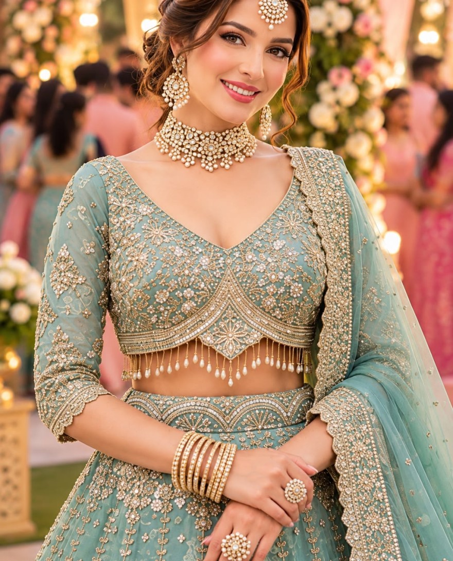 1222 - Sightly Sea Green Fancy Fabric Lehenga Choli